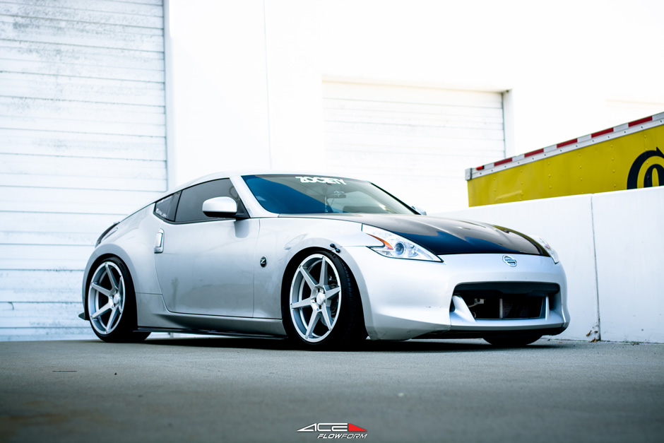 Lowered Nissan 370z with Silver Aftermarket Light weight Ace Alloy Flowform AFF06 Wheels