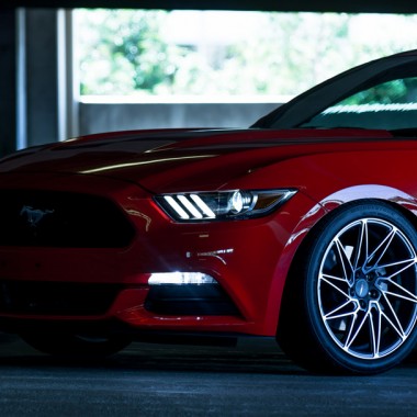 Lowered Mustang V6 on 19" Mica Gray with Machined Face Ace Alloy Driven D716 Wheels in Parking Structure