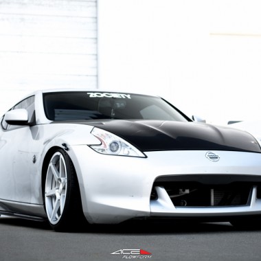 Lowered Nissan 370z with Silver Aftermarket Light weight Ace Alloy Flowform AFF06 Wheels